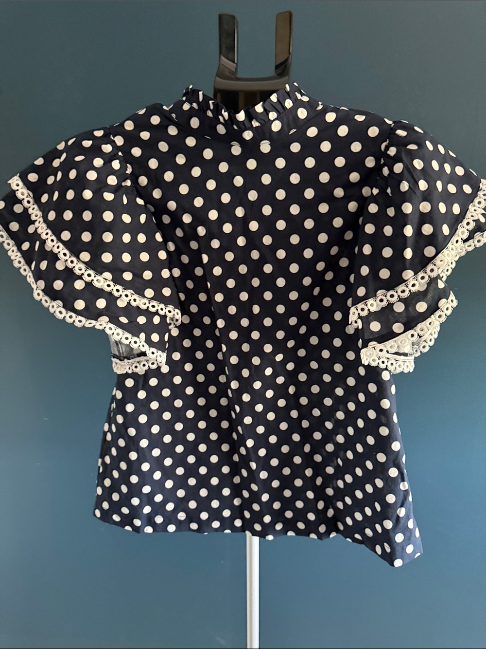 Women's Navy Polka Dot Ruffle Sleeve Top